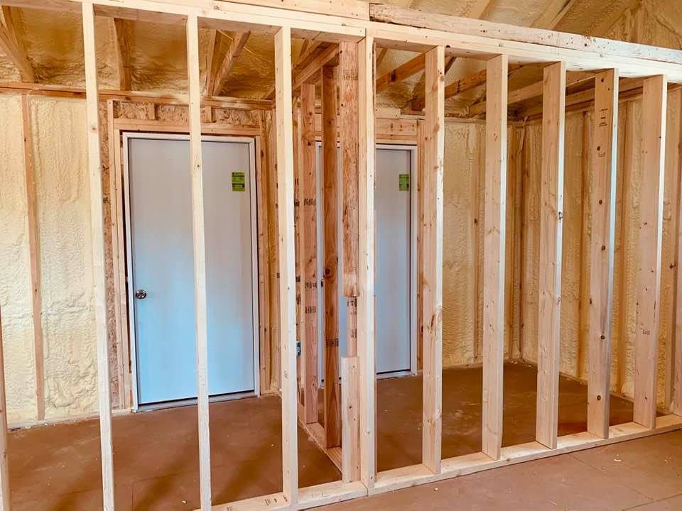 Space for our two restrooms. Entry will be from the outside for each of them. They will be for our guests as well as for our employees. The outhouses will be gone.