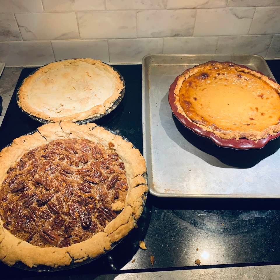 Clockwise starting with back left: cherry pie, pumpkin pie, and bourbon pecan pie. I made all 3 today with homemade pie crust. It was a job!