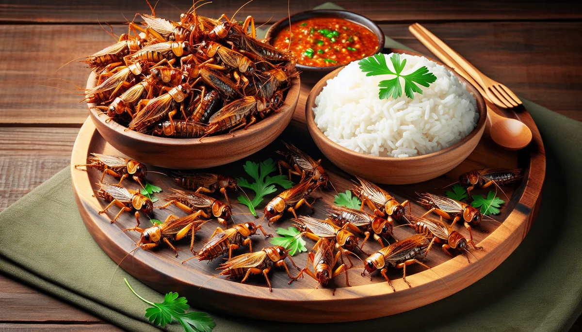 An image showcasing an exotic dish where the main ingredient is crickets. The dish is beautifully displayed on a wooden serving plate, the crickets looking crispy and golden brown.