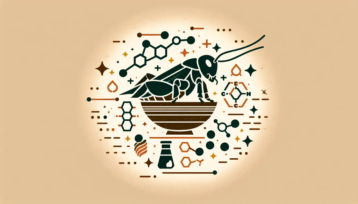 Picture a cricket, the source of acheta powder, surmounted by a radiant protein molecule, with spheres for atoms connected by rods for bonds.