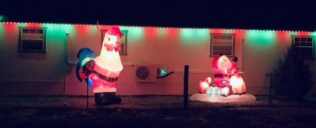 Our Admin building facing the road is lit up with Christmas colors with a Santa petting some goats and a giant Christmas rooster.