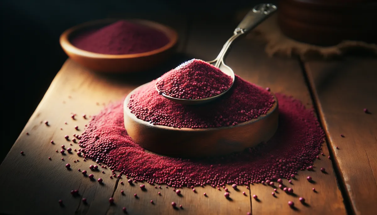 Amaranth flour spreads across a wooden table. The flour has a fine and smooth texture, and it is made from ground amaranth seeds, which are tiny and bead-like. Amaranth flour spreads across a wooden table. The flour has a fine and smooth texture, and it is made from ground amaranth seeds, which are tiny and bead-like.