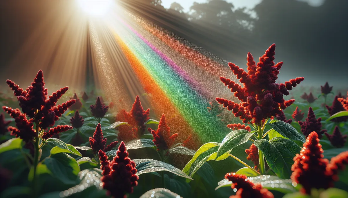 The amaranth family plant is at full bloom, swaying gently with the wind. The red-orange clusters of its tiny flowers stand out sharply against the green foliage. The amaranth family plant is at full bloom, swaying gently with the wind. The red-orange clusters of its tiny flowers stand out sharply against the green foliage.