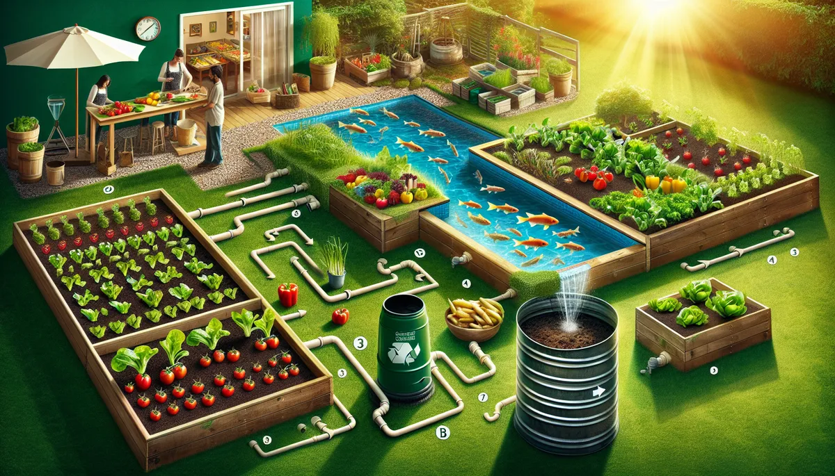 This is an artist's rendering of growing vegetables in the backyard, watering them with fish waste.