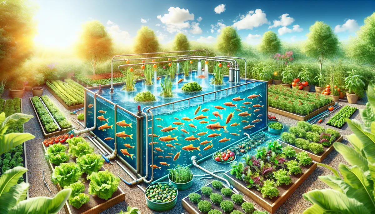 A large backyard setup of aquaponics is depicted.