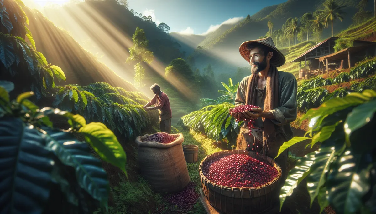 Arabica coffee being picked in a small mountain village.
