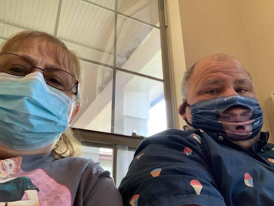 Us waiting to see the podiatrist. They are in San Antonio so we had to wear masks. They are very afraid in SA...