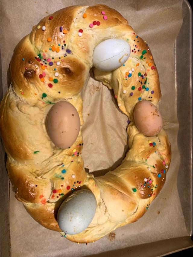I baked this beautiful Easter bread today. It took about 5 hours with all of the rising but it tastes delicious.