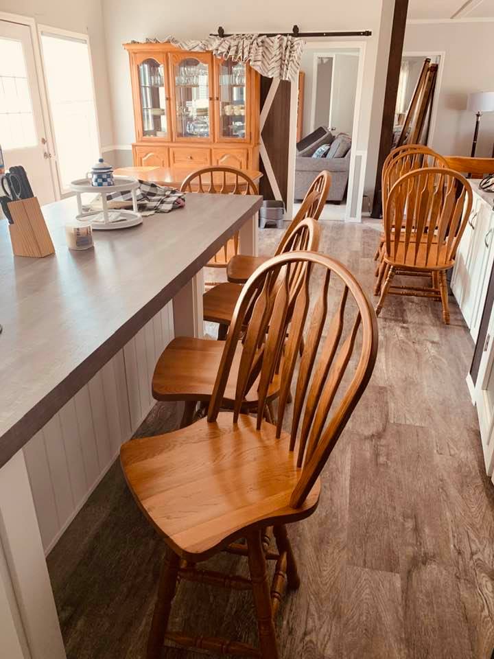 My new barstools, table, and chairs. Note the door on the left and the curtain on the china cabinet that I now have to cut down for just one window.