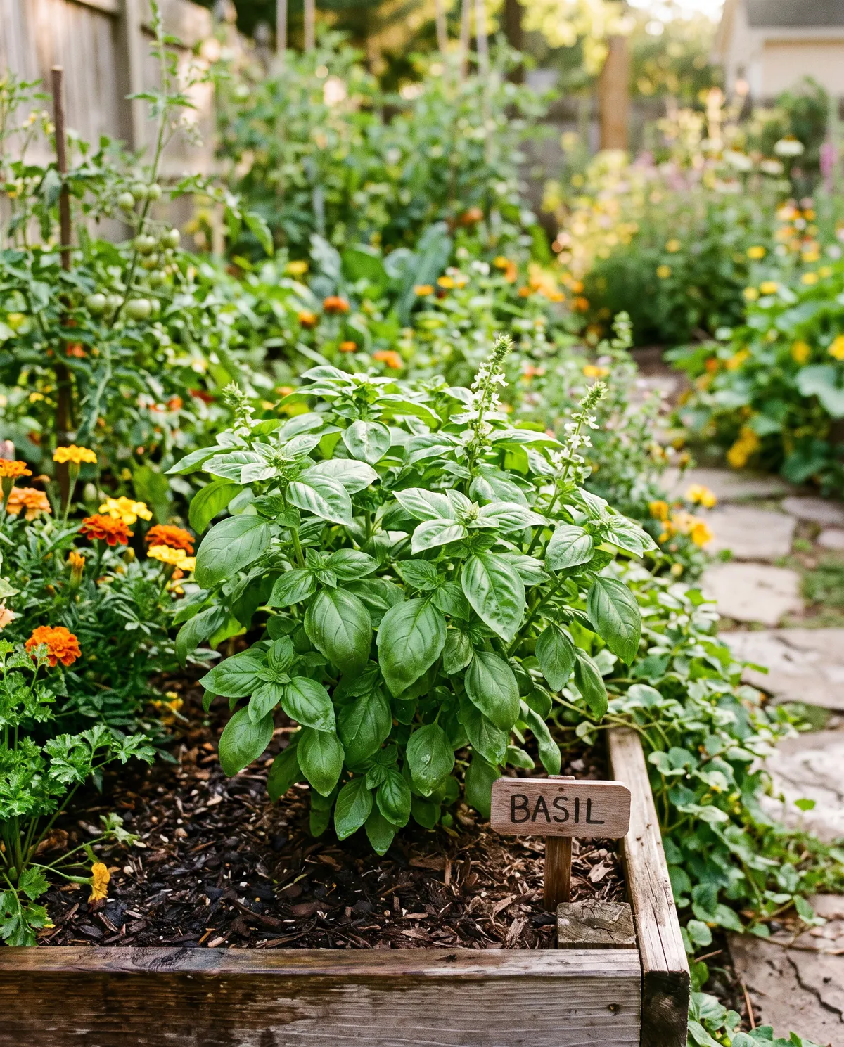 Look at the beautiful basil plant growing in this garden!