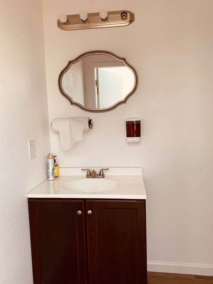 The bathrooms are ready for visitors as well as our staff. They are in the first building on the left as you turn into our parking lot, first two doors on the left.