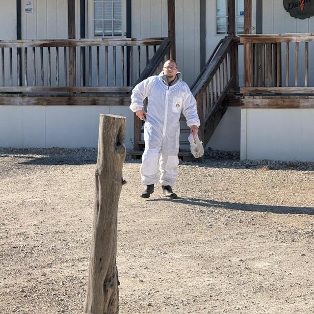 Matt is geared up to go visit the bees today.