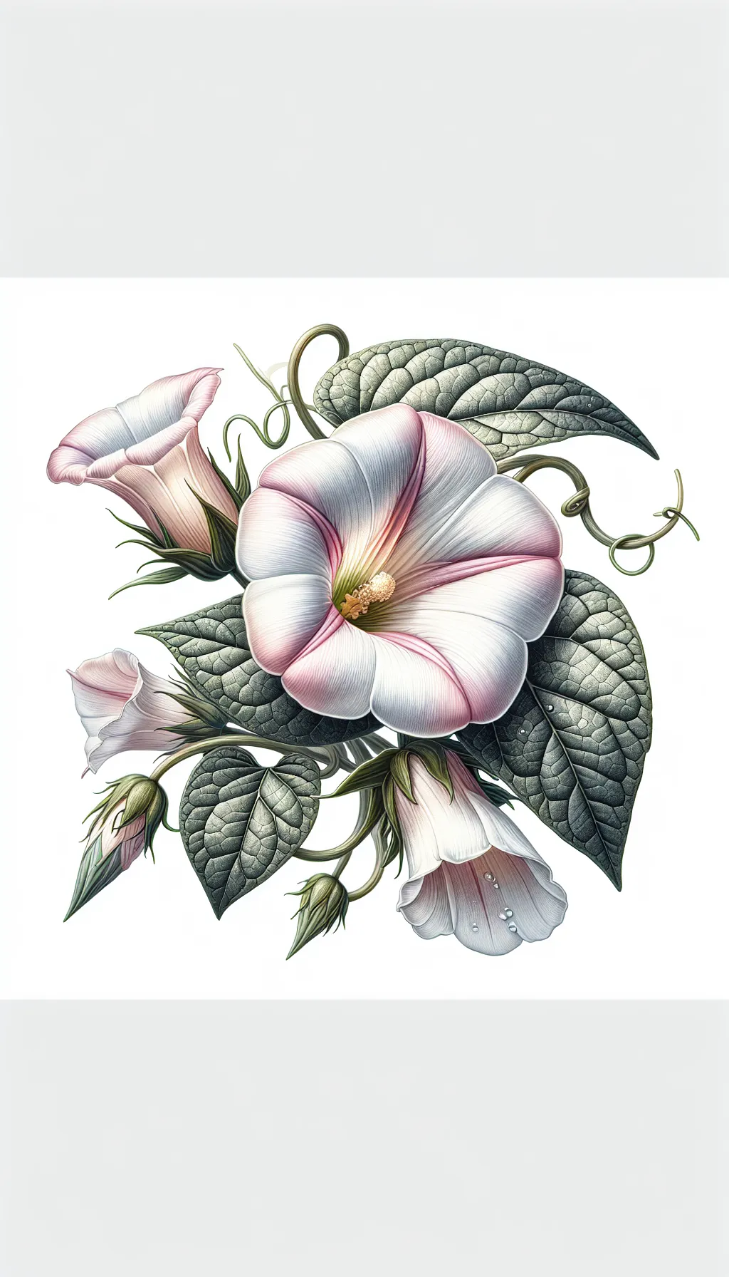 Bindweed has funnel-shaped blossoms, usually colored white or pale pink with a lighter or darker pink flush. Each flower displays five slightly hooded petals and a yellow center. Bindweed has funnel-shaped blossoms, usually colored white or pale pink with a lighter or darker pink flush. Each flower displays five slightly hooded petals and a yellow center.