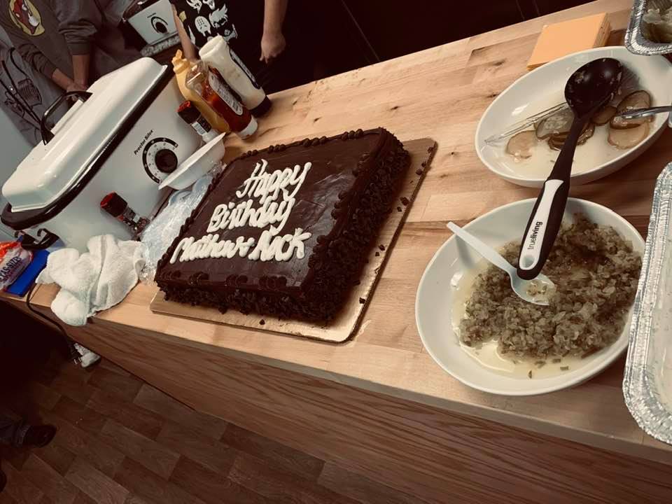 The birthday cake should have had 4 names on it, but David forgot 2 when he ordered it from the caterer. We celebrated 4--Matthew, Rock, Aaron, and Garrett.