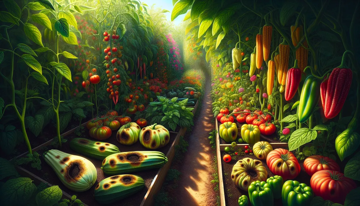 An AI garden picture with some veggies that have blossom end rot.