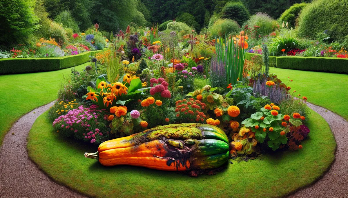 A pretty garden scene is marred by a squash with blossom end rot.