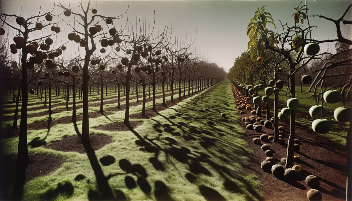 A very long orchard row. Some of the apples have blossom end rot.