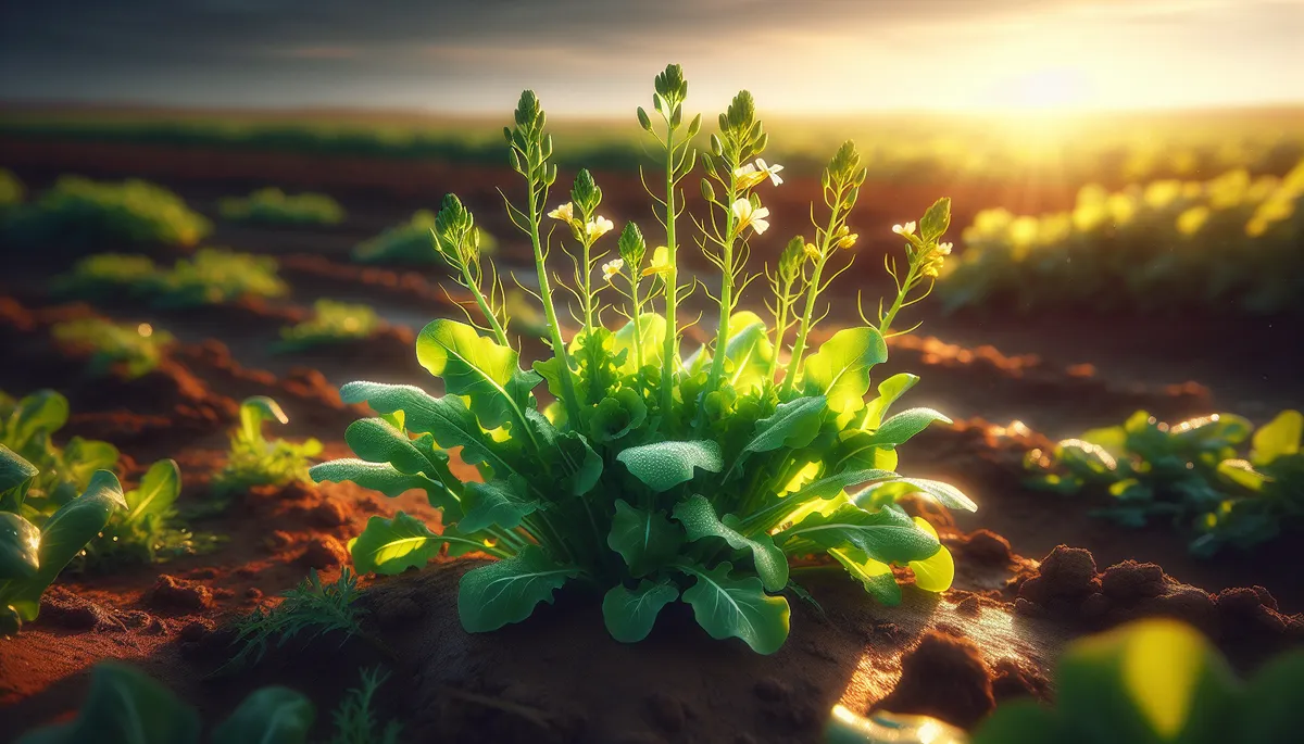 The arugula is now a bolting plant producing flowers and seeds.