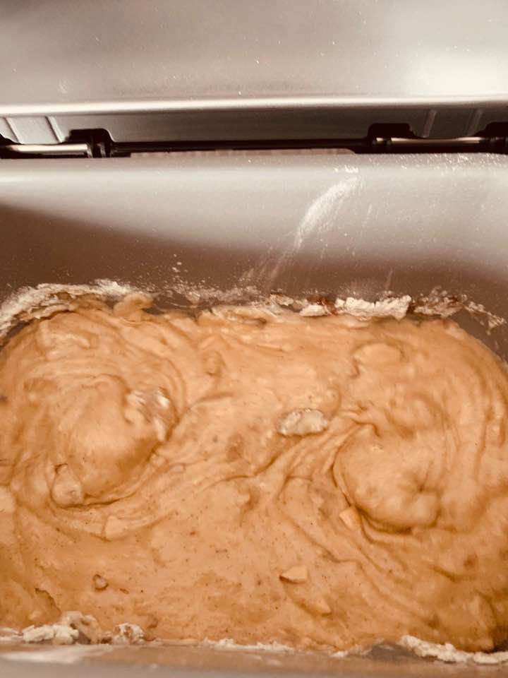 The batter is mixing in my bread machine. I have two beaters in this new machine. Push down the sides of the pan with a spatula when it is first mixing to get all of the flour in there.