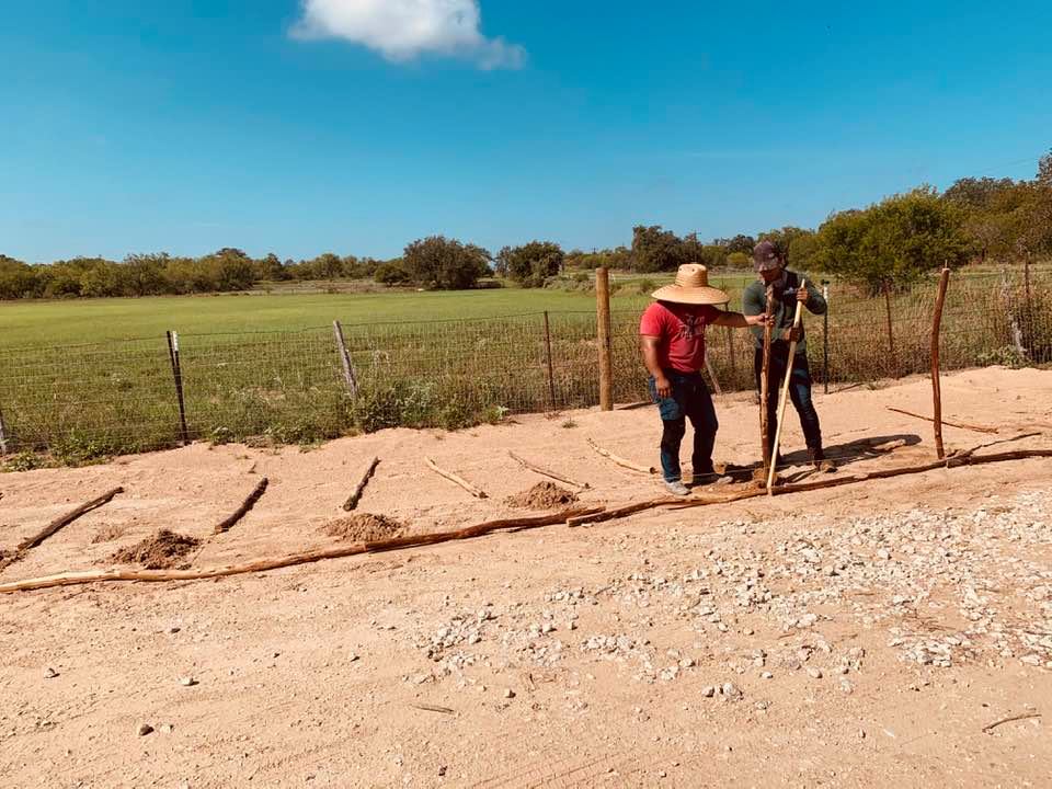 Nacho and Seth work on a simple cedar fence to keep delivery people from getting stuck in our sand. Staying on the driveway proves to be too much for some (17 so far!)