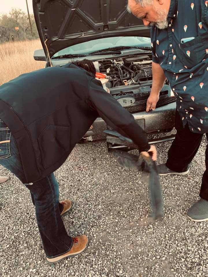 One of our team members high fived a deer on the way home with her bumper. When we got there, another team member was already there helping but David got in there, too.