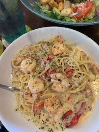 Shrimp and chicken carbonara.