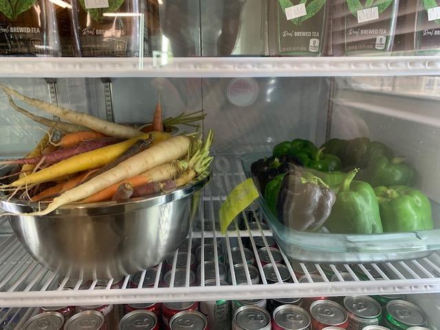 Fresh carrots and green and purple Bell Peppers are in our Farm Store refrigerator. Come on over to the farm tomorrow and get some!
