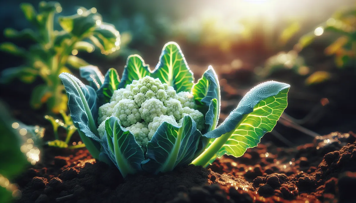 A beautiful head of cauliflower growing in the garden awaits...