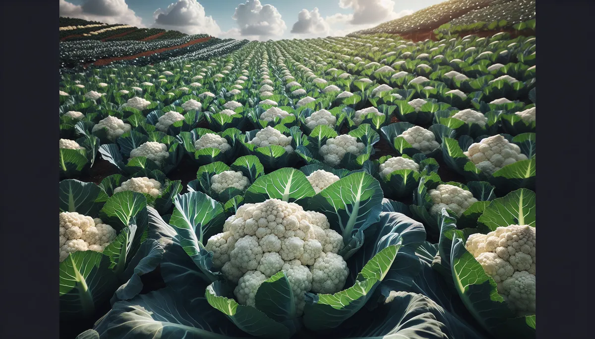 A farmer grows cauliflower in a large field.