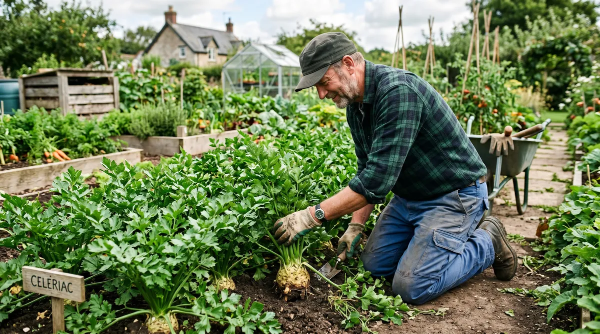 This man is pulling up a celeriac plant.