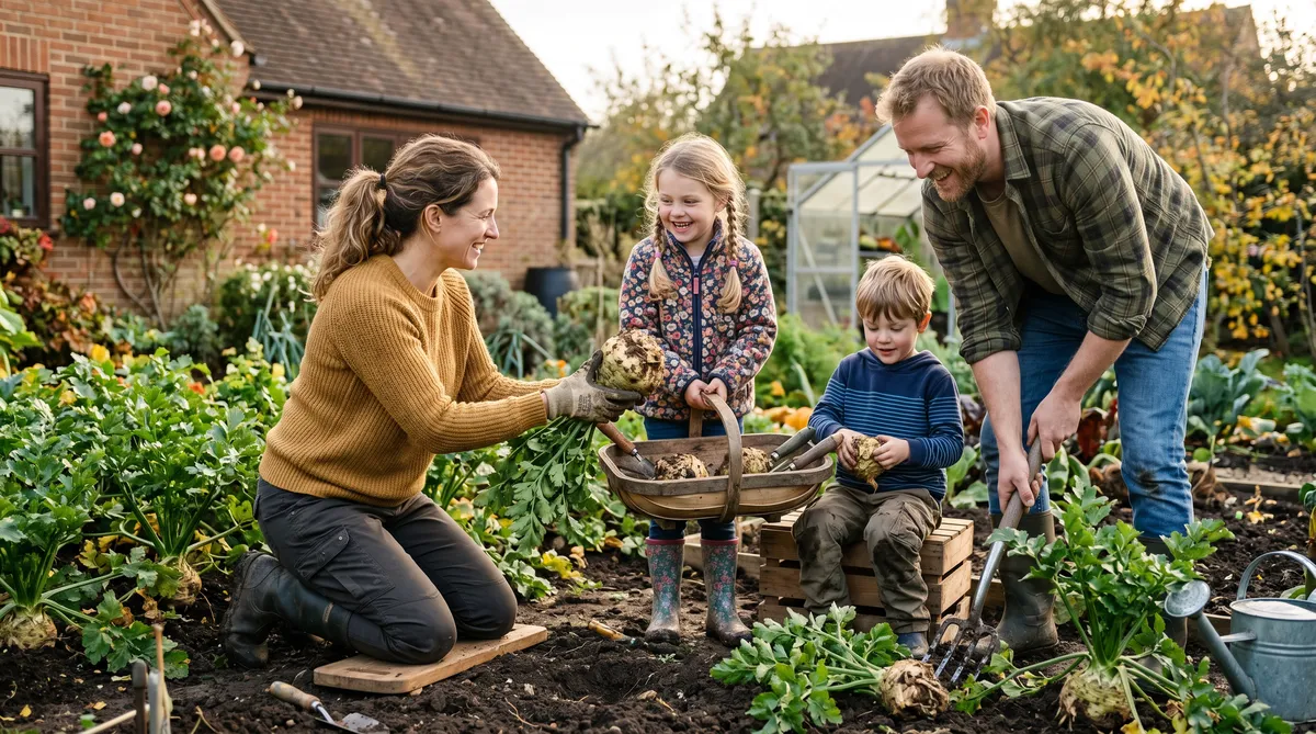 This family is harvesting celeriac from their garden.