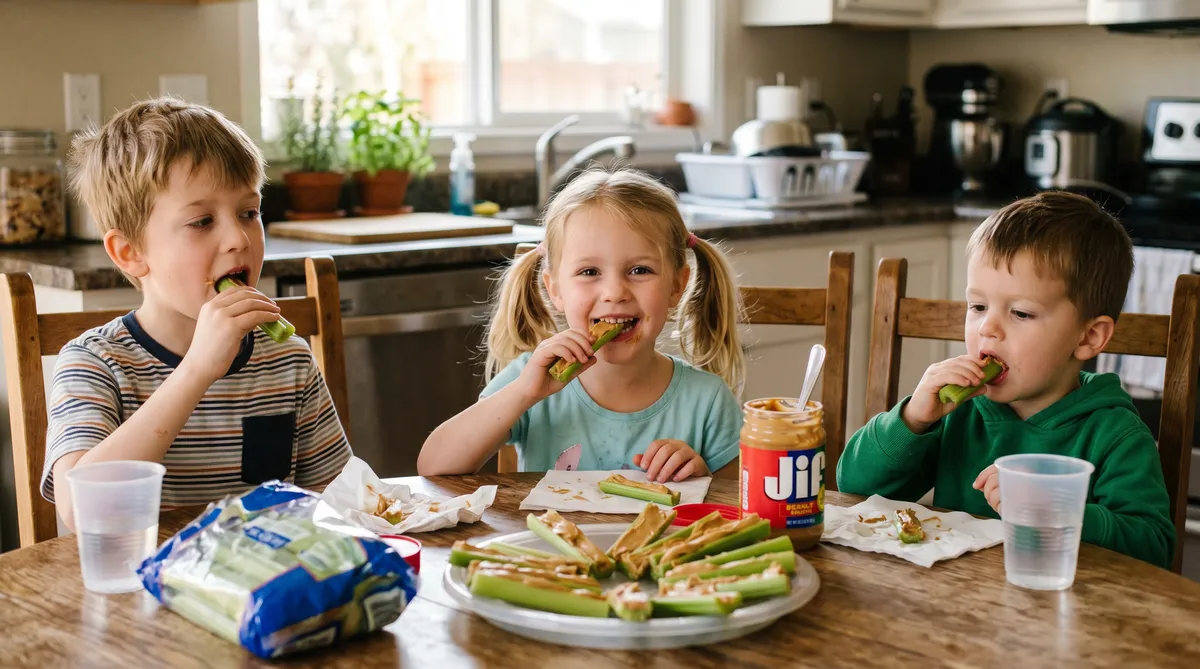These kids are eating store-bought celery. Grow celery and give your kids better, fresher celery stuffed with peanut butter.
