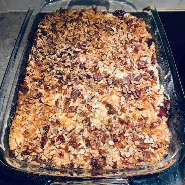Say Merry Christmas or just say yum with a cherry dump cake. I will have to put the recipe up. It was so good with cherry pie filling, pineapples, coconut, and pecans!