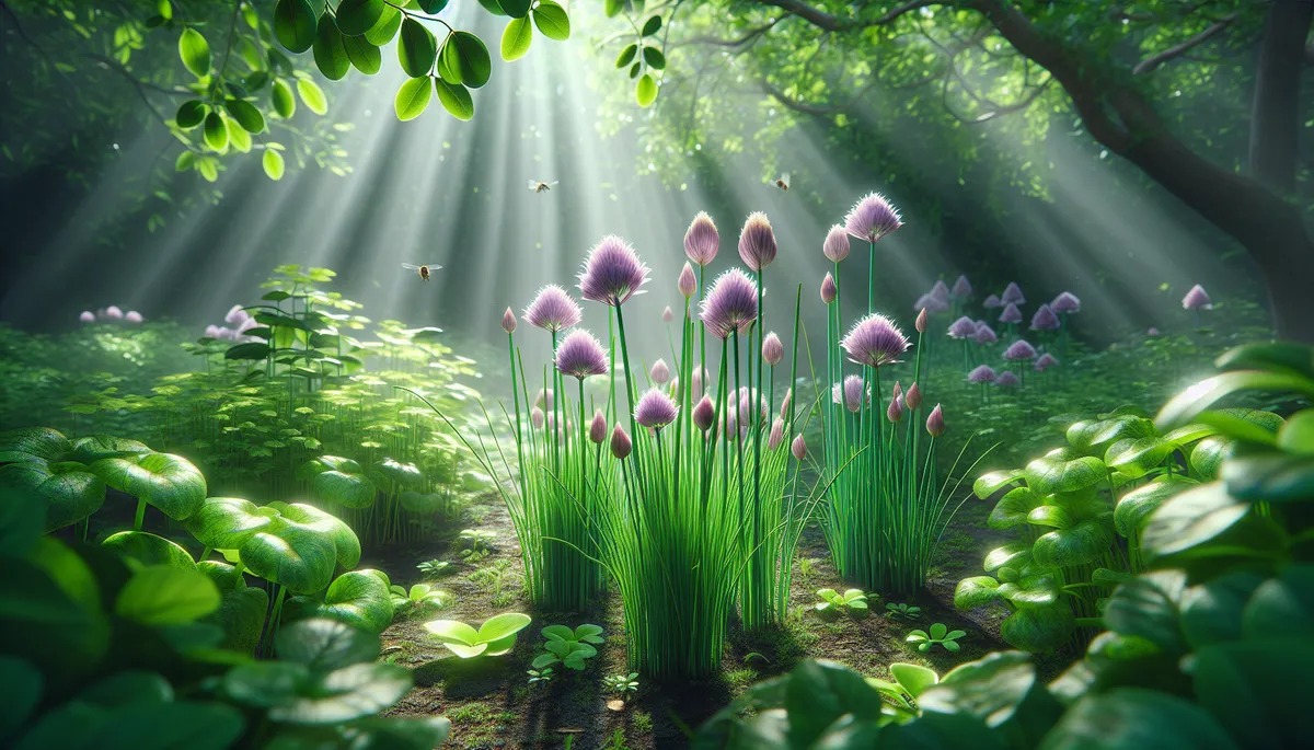 Chives are part of the onion family. Here are some chives growing in partial shade.