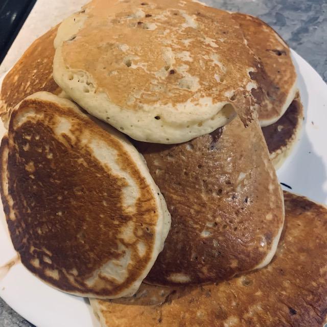 A stack of my chocolate chip sourdough pancakes. They were delicious.