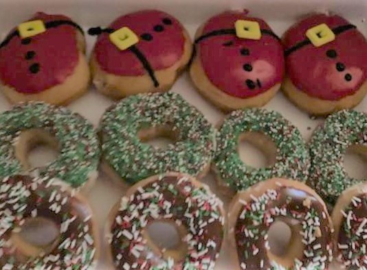 These Christmas donuts look amazing. My sister sent me this photo of the donuts I sent over there today.