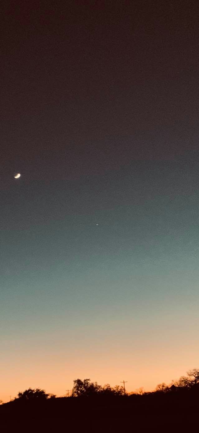 The same photo as above but blown up shows the 2 planets close so you can't see the separation on my lens. 12/17/2020