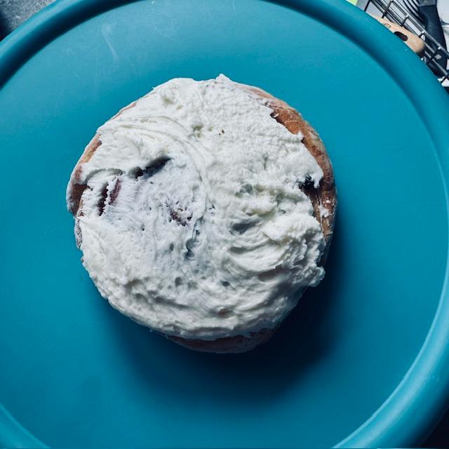 I frosted the cinnamon rolls with cream cheese frosting and they are bigger than my hand.