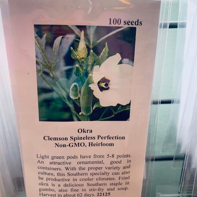 This is a packet of our most popular okra seed, Clemson Spineless. When planting okra, you will want to include this tender variety.