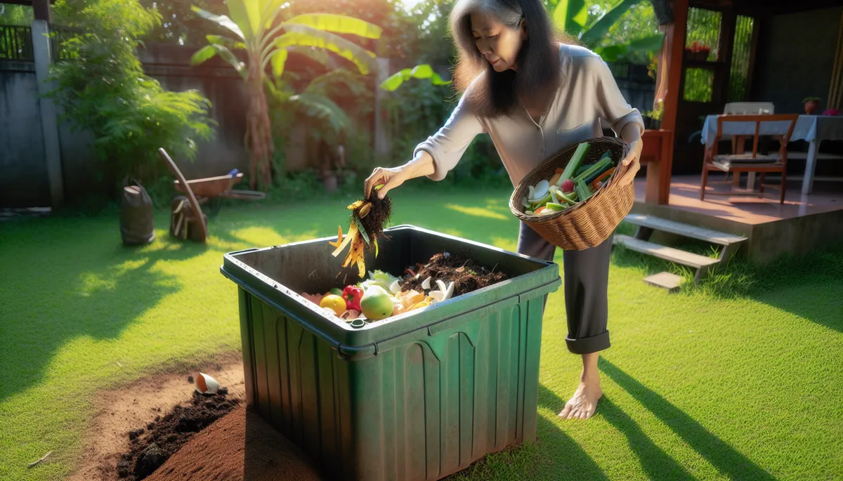 This person is emptying kitchen scraps into a large compost bin outdoors. Make your own compost because it is not hard to do.