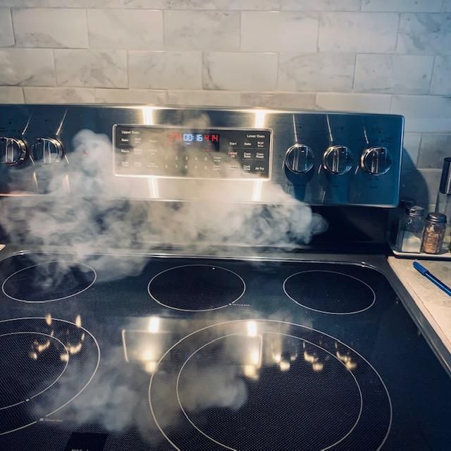While the bottom oven was on convection, steam poured out. I thought at first something was burning.