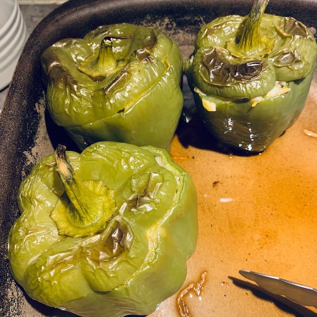 These stuffed peppers were very tasty. We got some beautiful big bell peppers from the garden with a wonderful flavor this year.