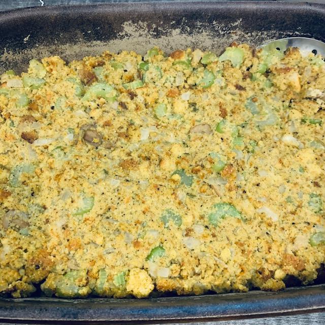 This is our corn bread dressing made on Thanksgiving Day, 2022. It was delicious. I made this in my 9 x 13 inch Pampered Chef stone.