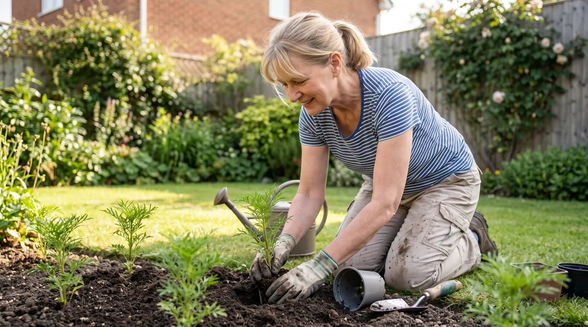 Grow cosmos in your spring garden like this lady who is planting cosmos seeds from David's Garden Seeds®.