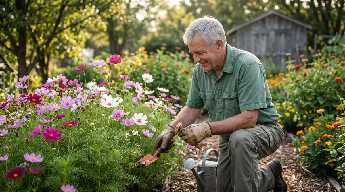 This man is caring for his cosmos. The flowers are so lovely to look at.