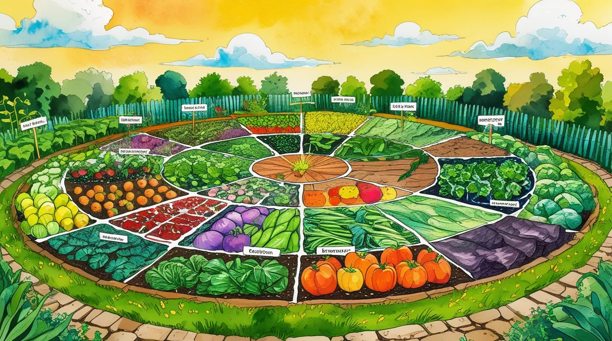 This is such a nice drawing of garden crop rotation using a circle. Shift everything over one slot each year. Of course, most people don't make it this simple.