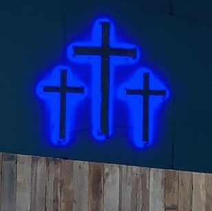 These blue crosses are in Cowboy Fellowship Church in Jourdanton, Texas.