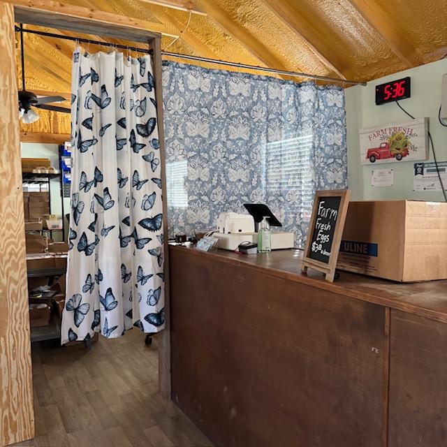 For now, we've hung some curtains to keep customers out of the workspace in the store.