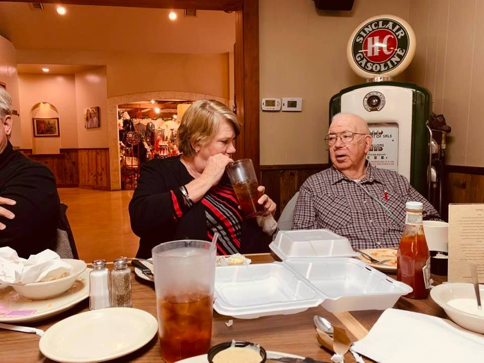 Lunch at Hermann Sons in Hondo. Right to left: David's brother Johnny, sister Reba, father John.