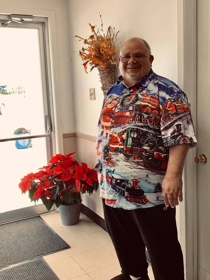 David wearing his new Christmas shirt.